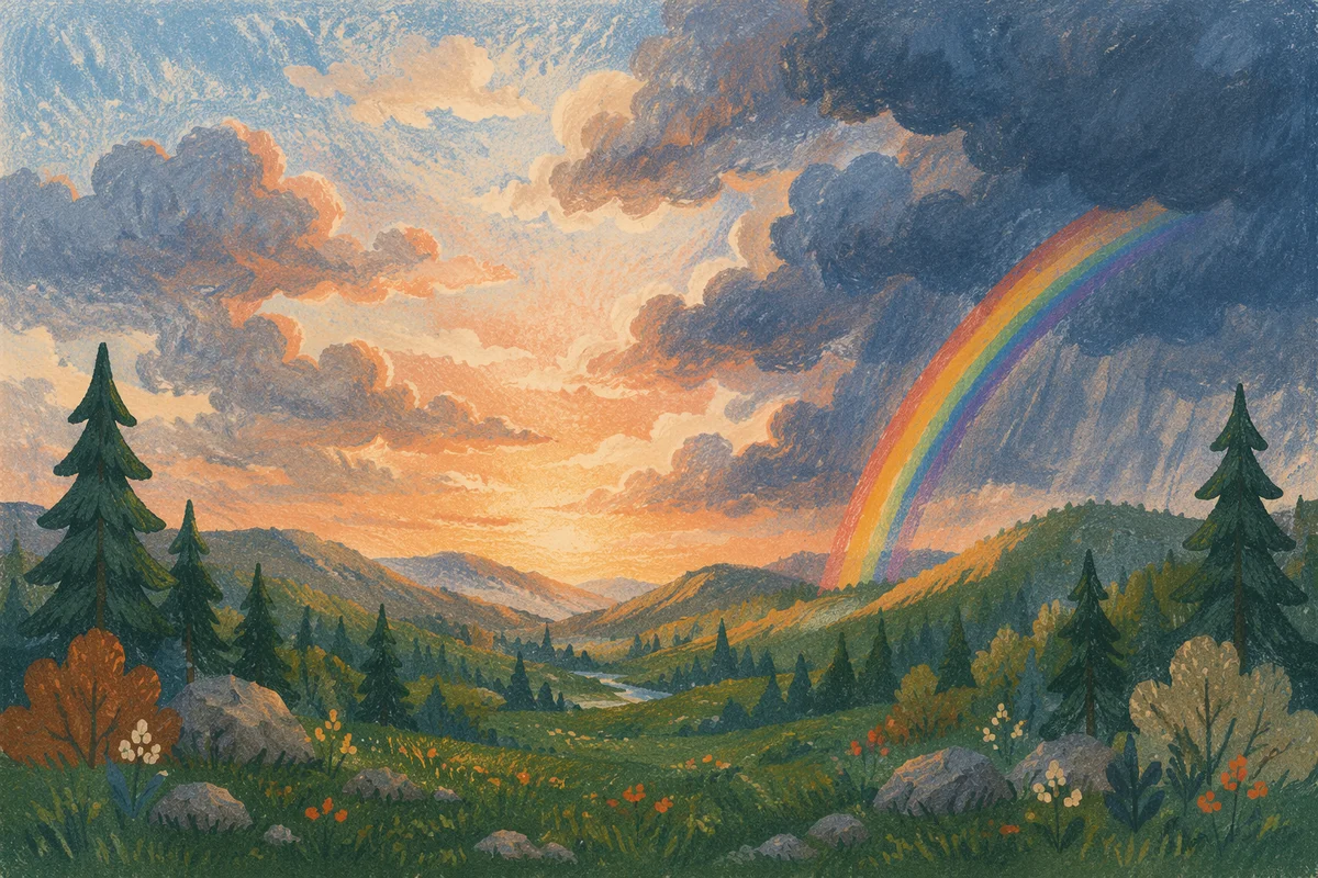 Rainbow Over Evergreen Valley After Storm