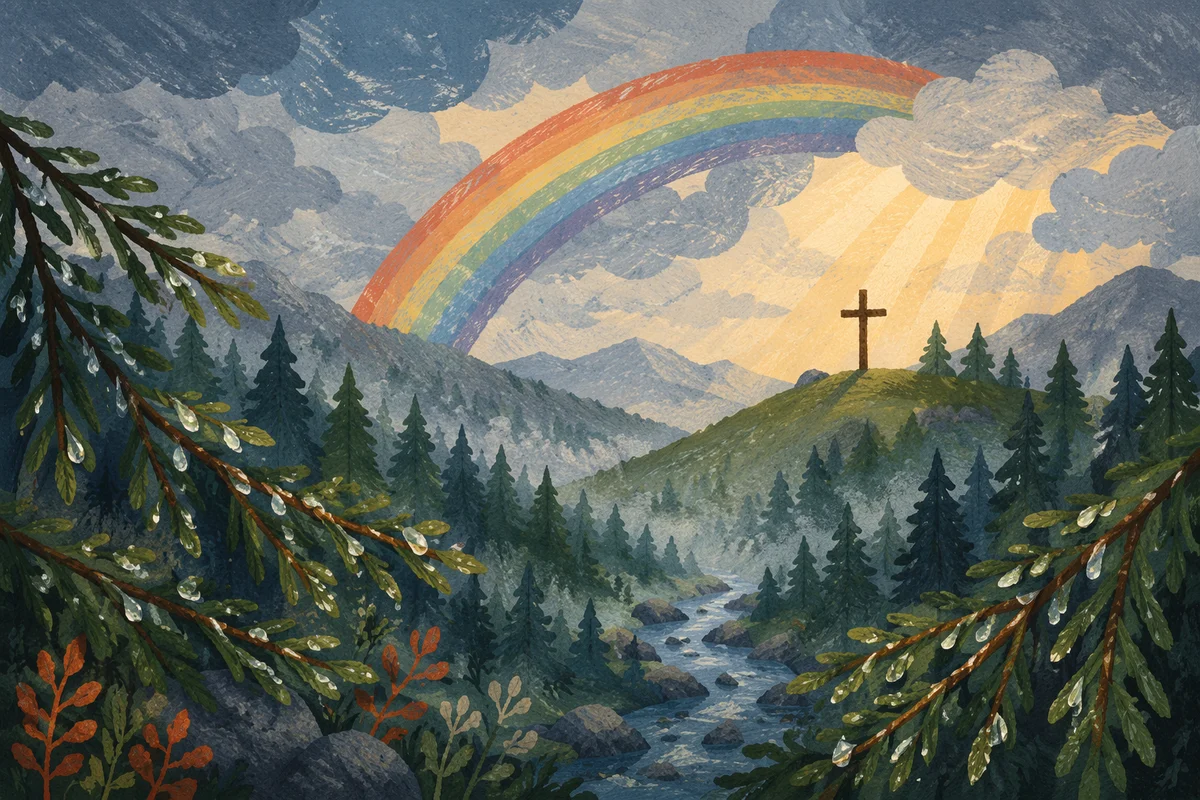 Rainbow Over Evergreen Valley After Storm