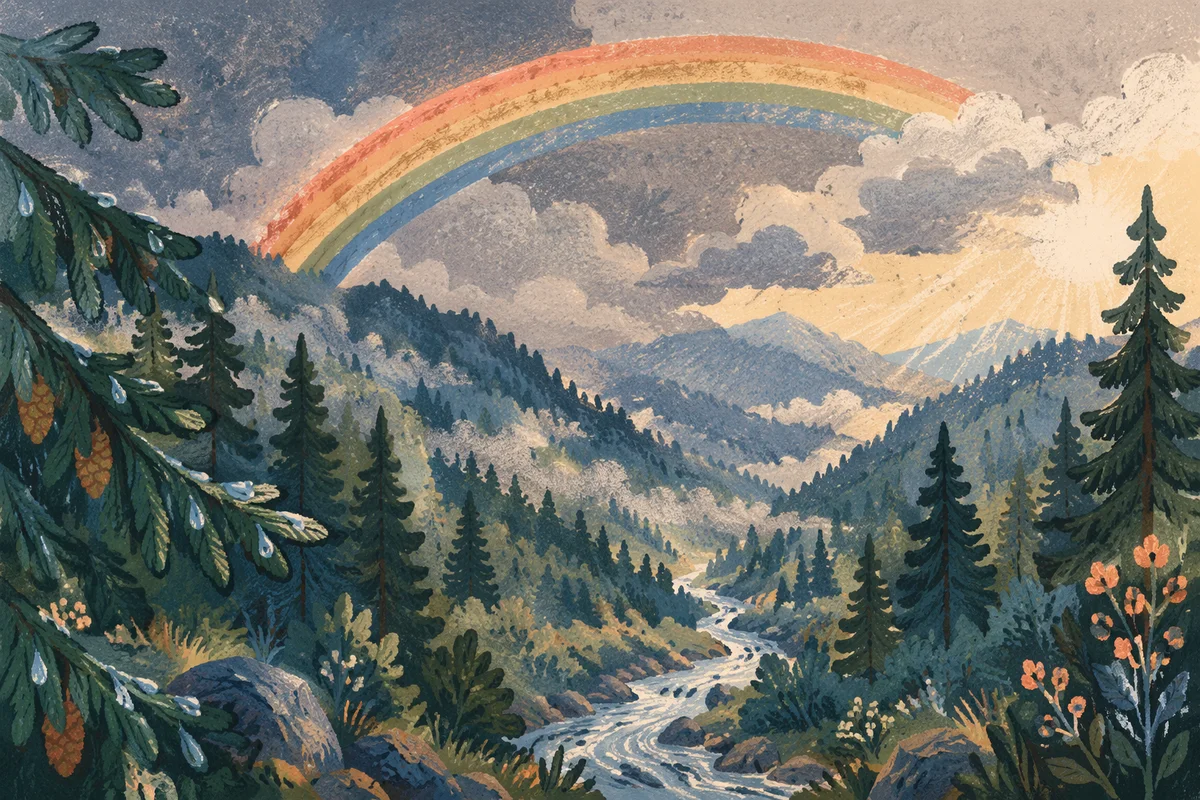 Rainbow Over Evergreen Valley After Storm