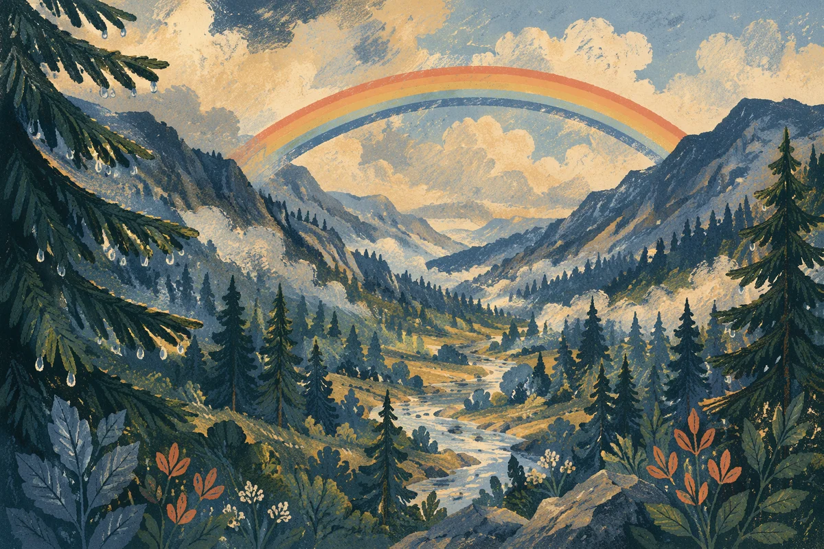 Rainbow Over Evergreen Valley After Storm