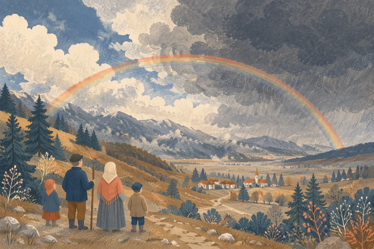 Hopeful Rainbow Over Evergreen Mountain Valley