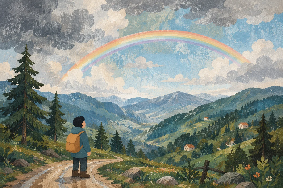 Hopeful Rainbow Over Evergreen Mountain Valley
