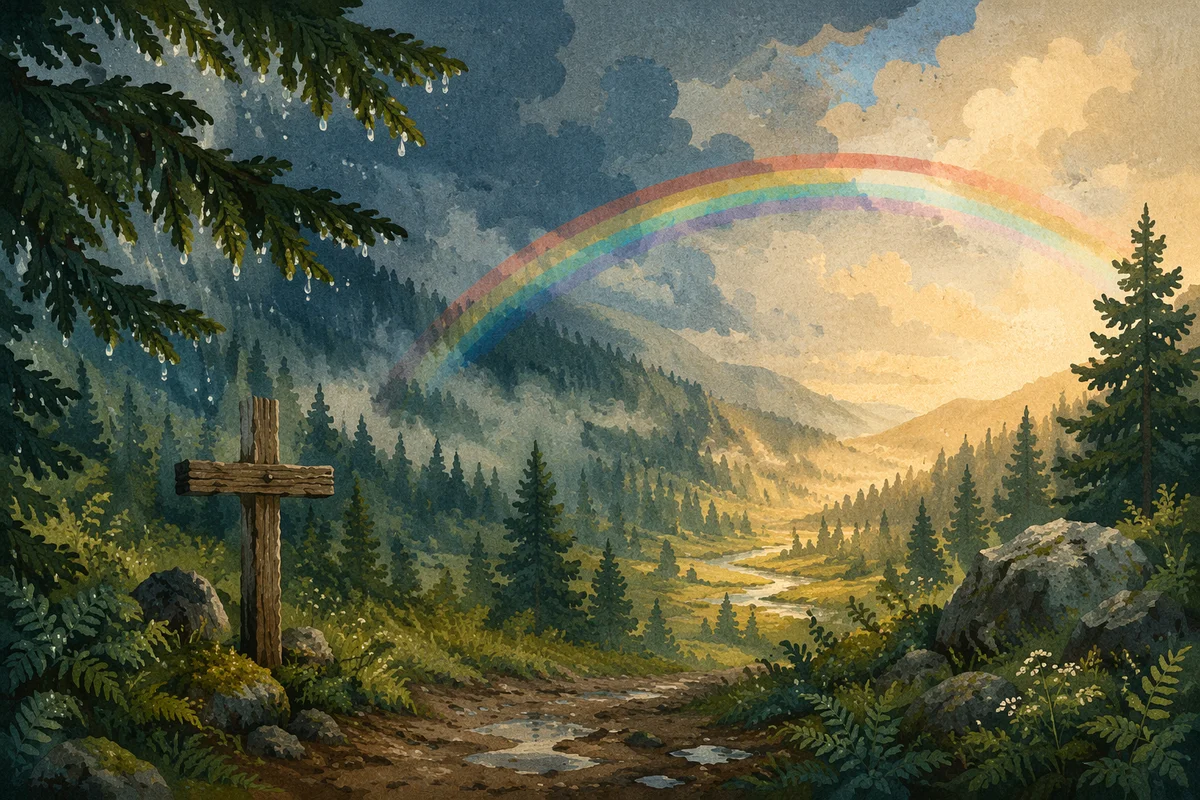 Rainbow Over Evergreen Valley After Storm