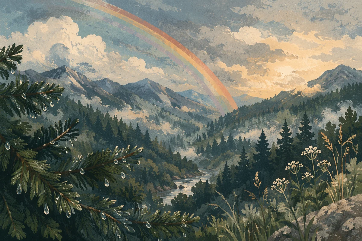 Rainbow Over Evergreen Valley After Storm