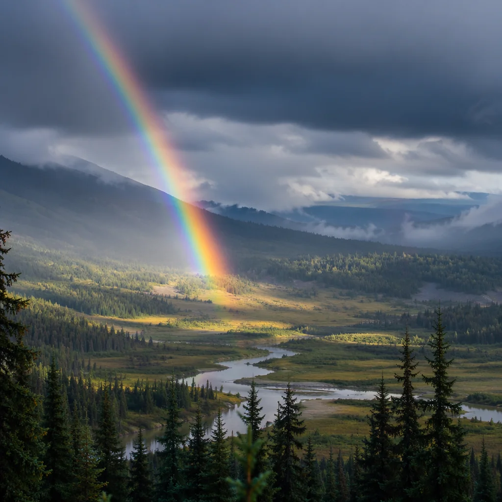 Rainbow Over Evergreen Valley After Storm