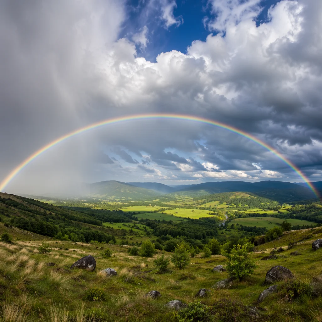 Vivid Rainbow Over Storm-Cleared Green Valley