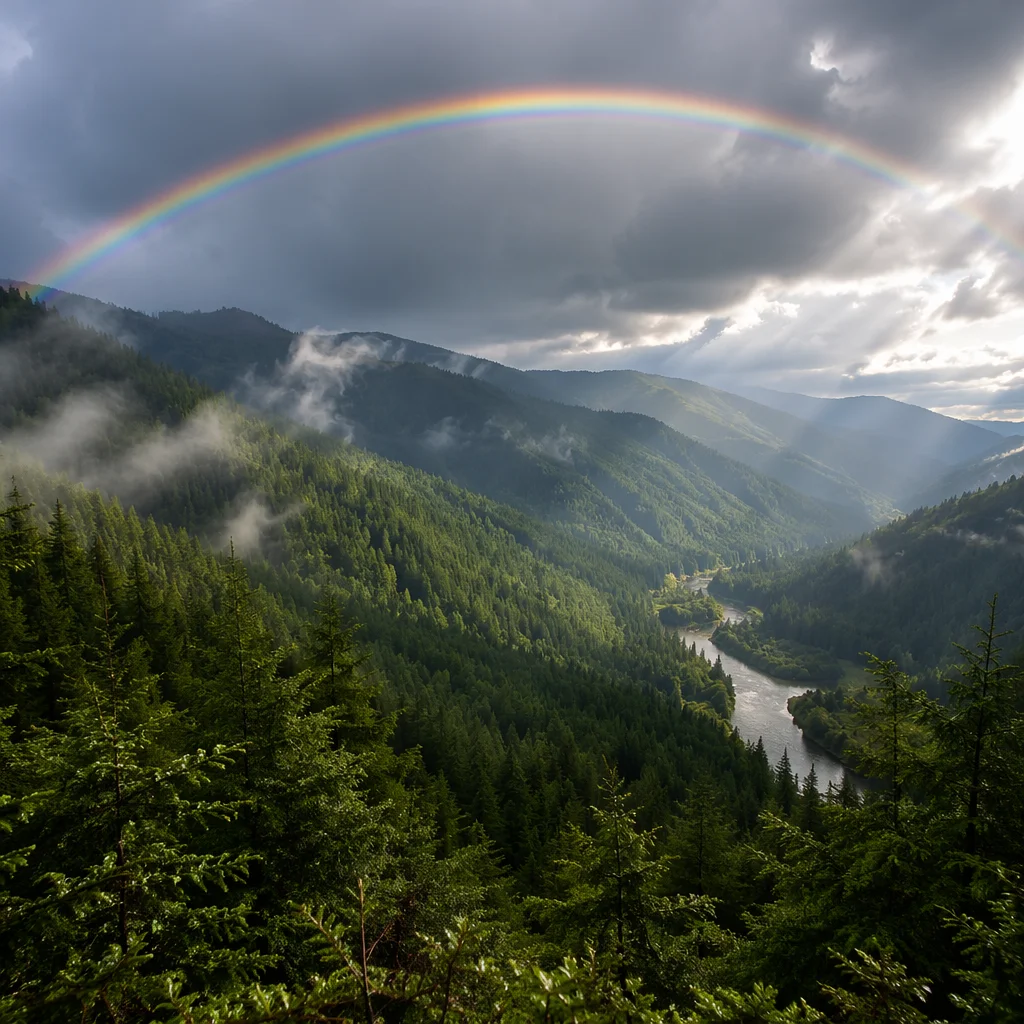 Rainbow Over Evergreen Valley After Storm