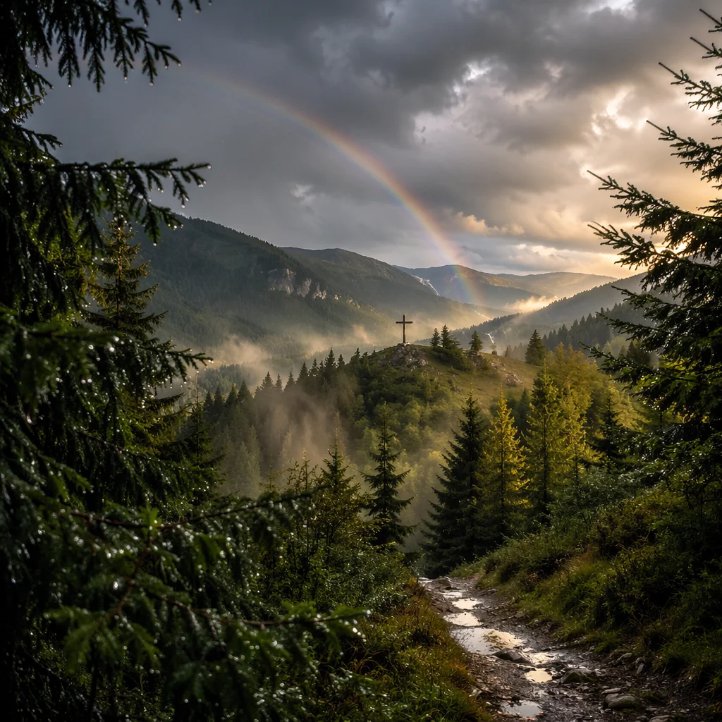 Rainbow Over Storm-Washed Evergreen Valley