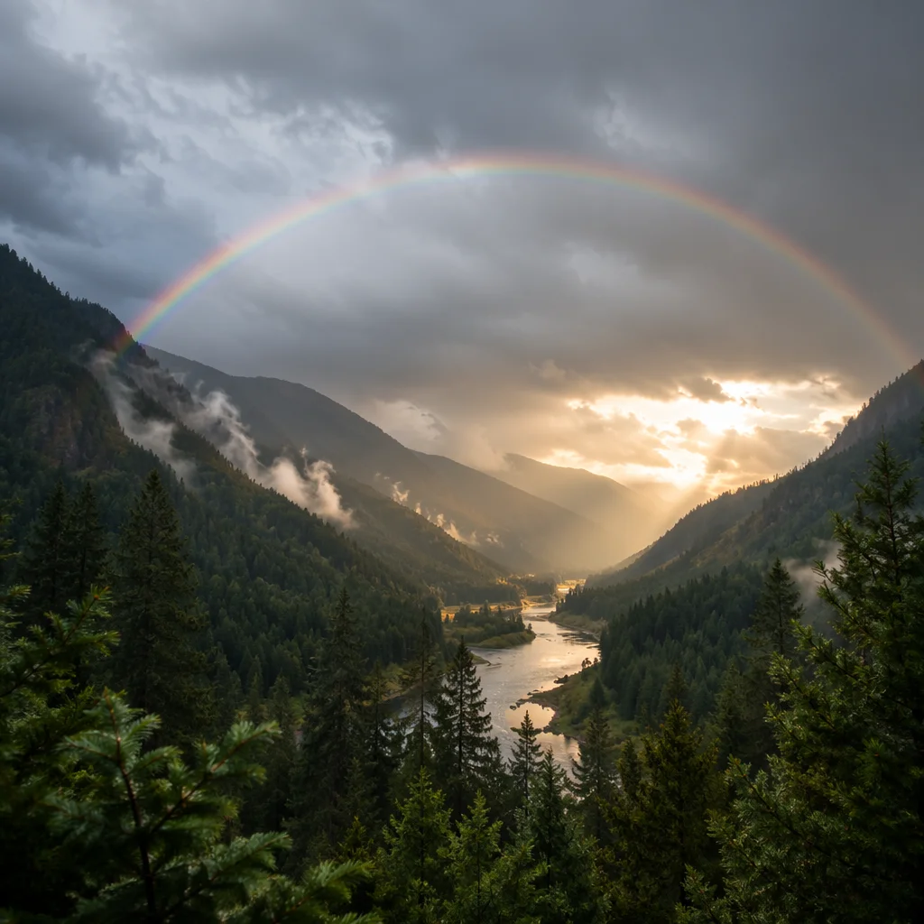 Rainbow Over Evergreen Valley After Storm