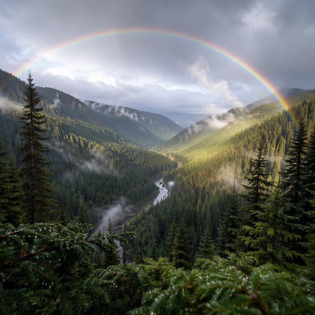 Rainbow Over Evergreen Valley After Storm