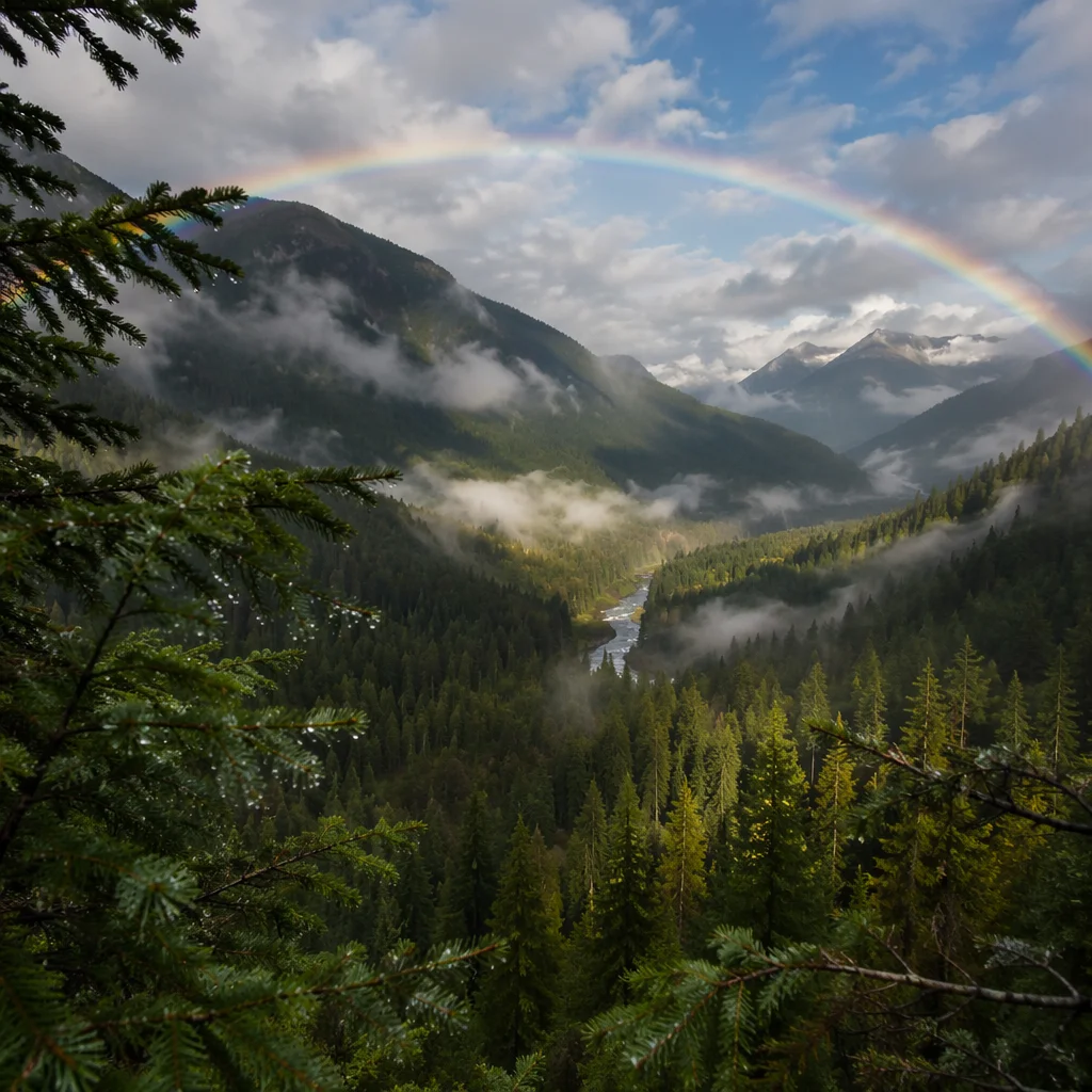 Rainbow Over Evergreen Valley After Storm