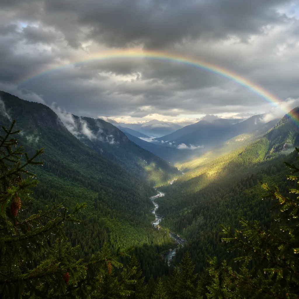 Rainbow Over Evergreen Valley After Storm