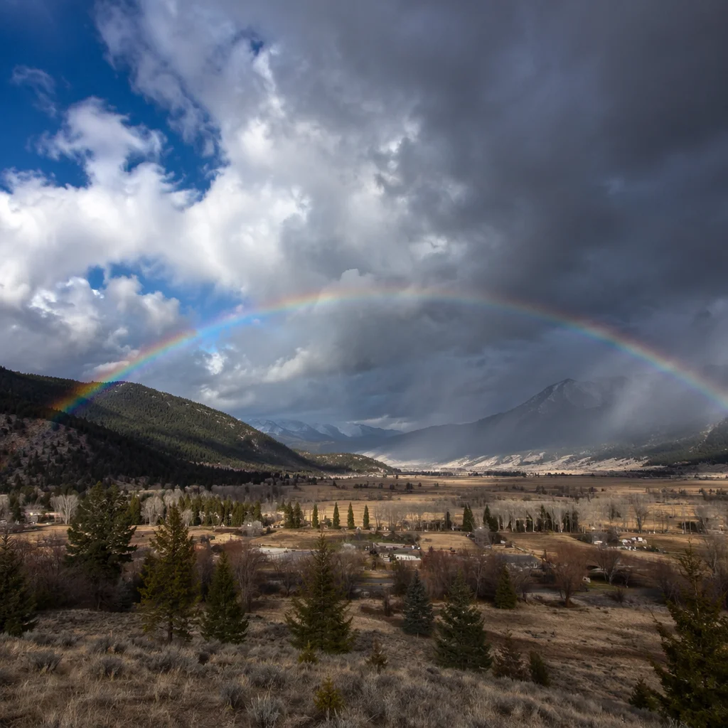 Rainbow Over Mountain Valley After Storm