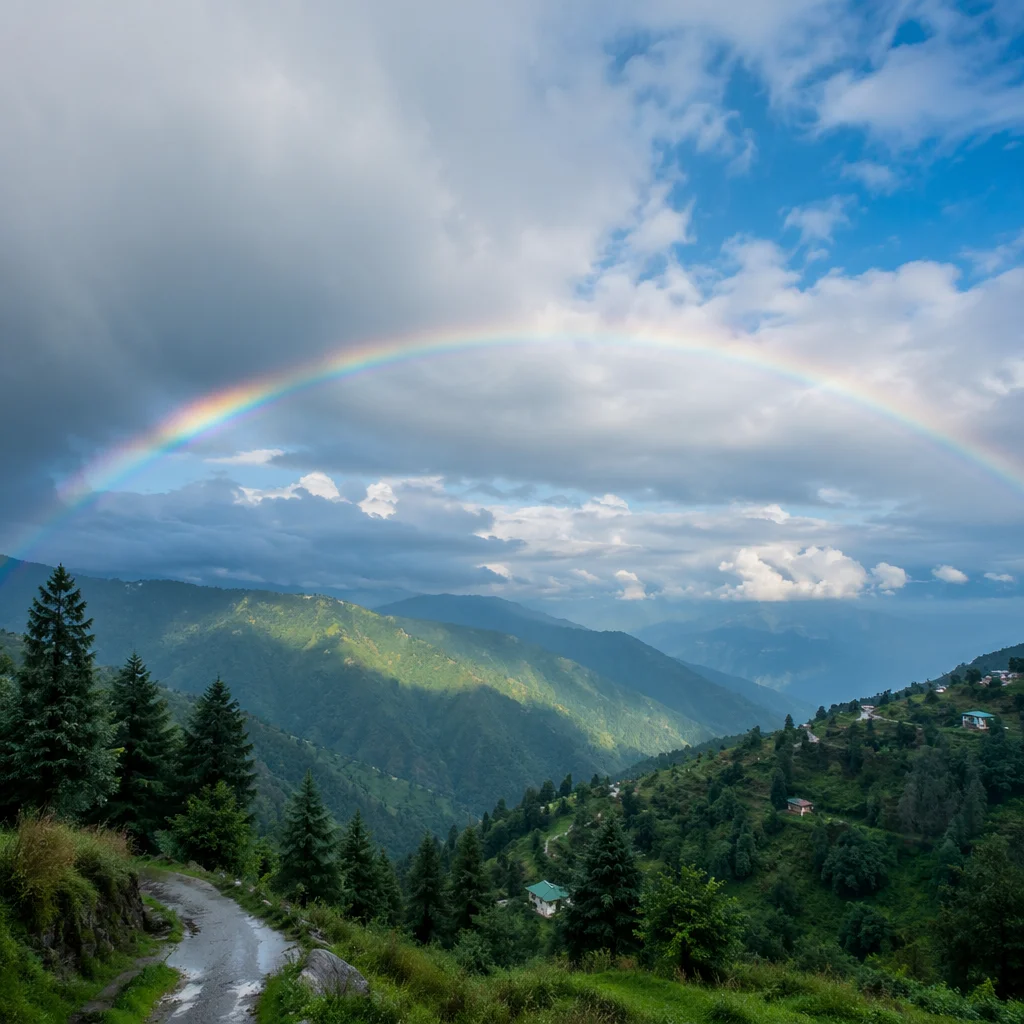 Rainbow Over Evergreen Valley After Storm