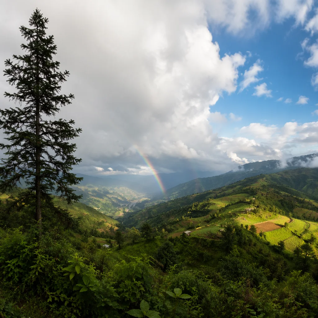 Rainbow Over Evergreen Valley After Storm