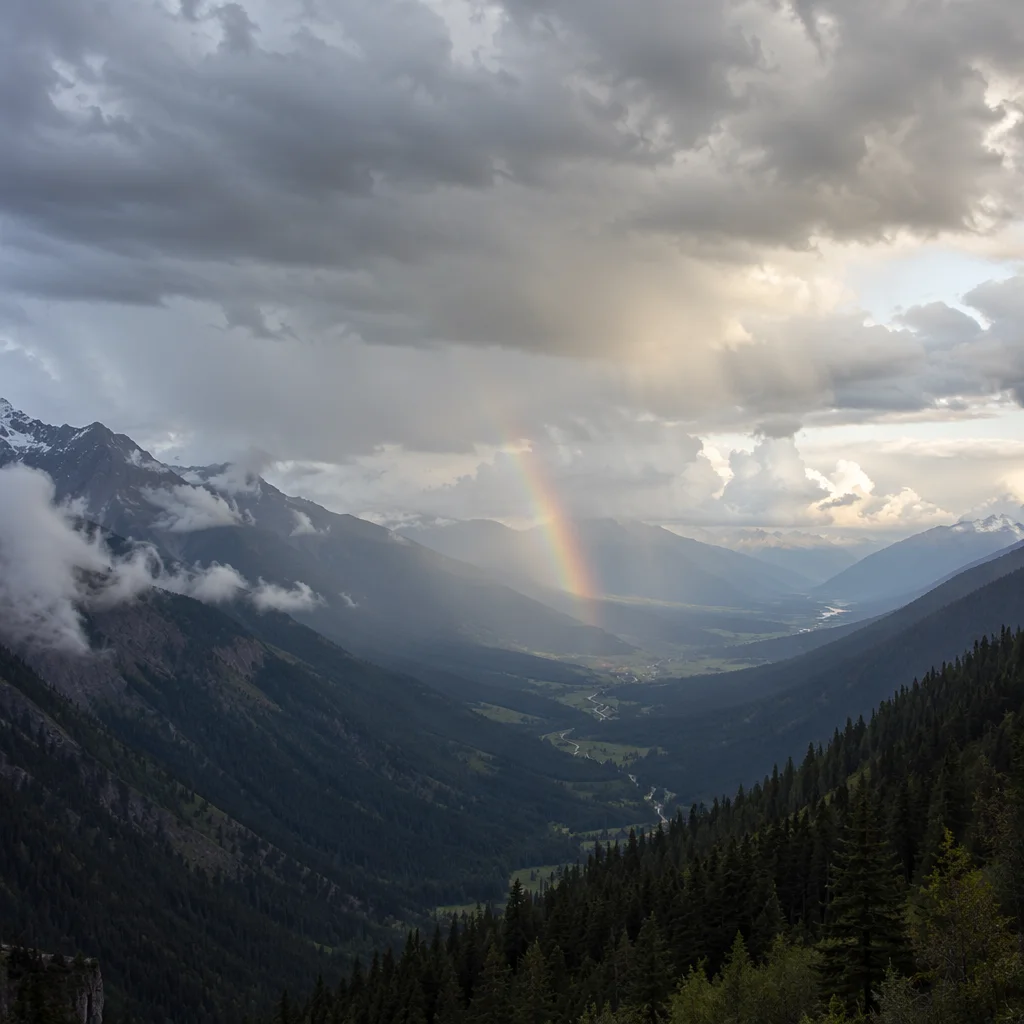 Rainbow Over Evergreen Valley After Storm