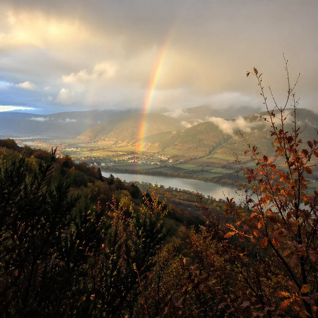 Hopeful Rainbow Over Misty Evergreen Valley