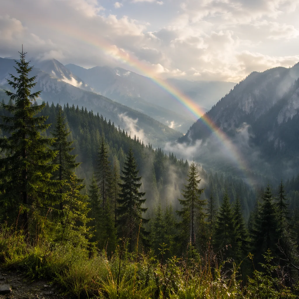 Rainbow Over Peaceful Evergreen Valley