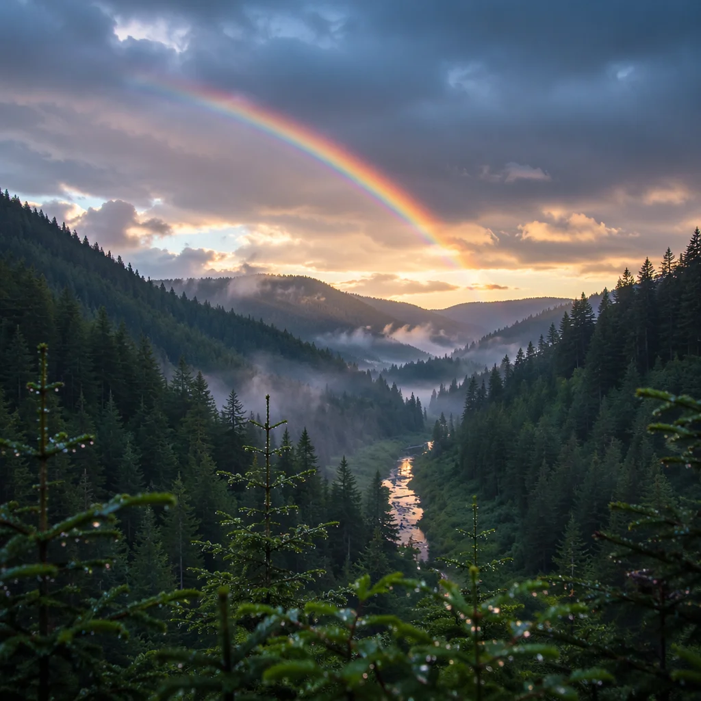Rainbow Over Evergreen Valley After Storm