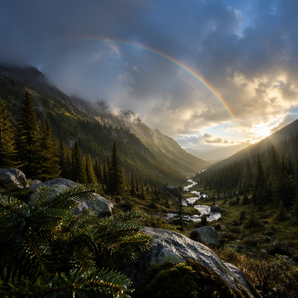 Rainbow Over Evergreen Valley After Storm
