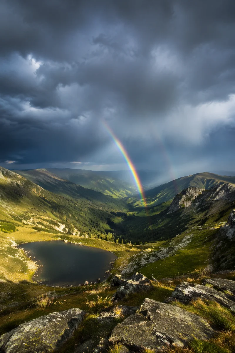Rainbow Over Stormy Evergreen Mountain Valley