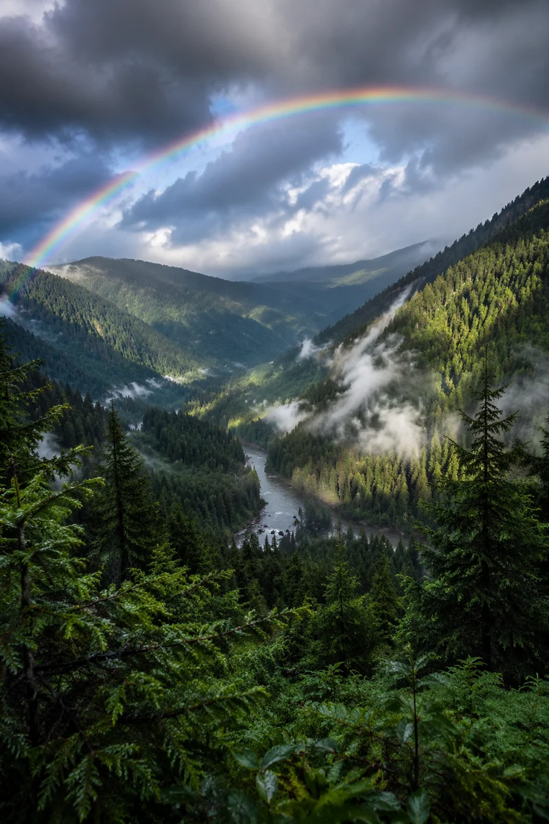 Rainbow Over Evergreen Valley After Storm