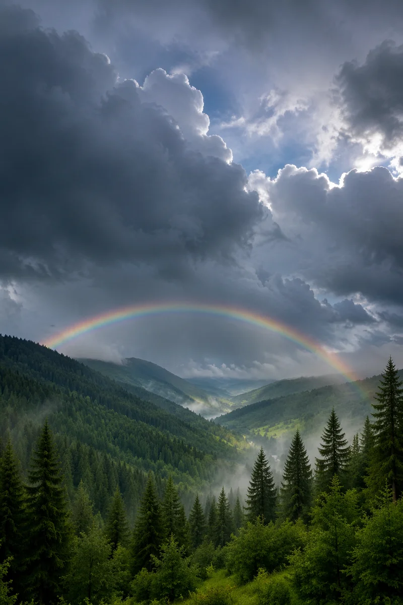 Rainbow Over Evergreen Valley After Storm