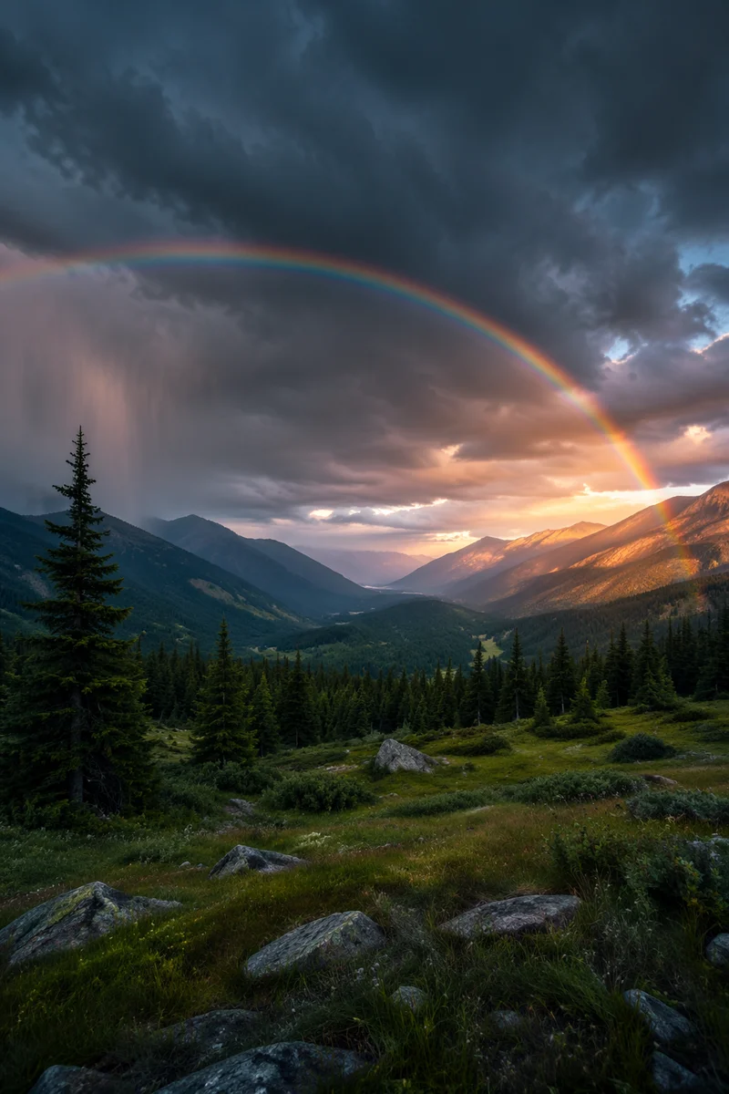 Rainbow Over Evergreen Valley After Storm