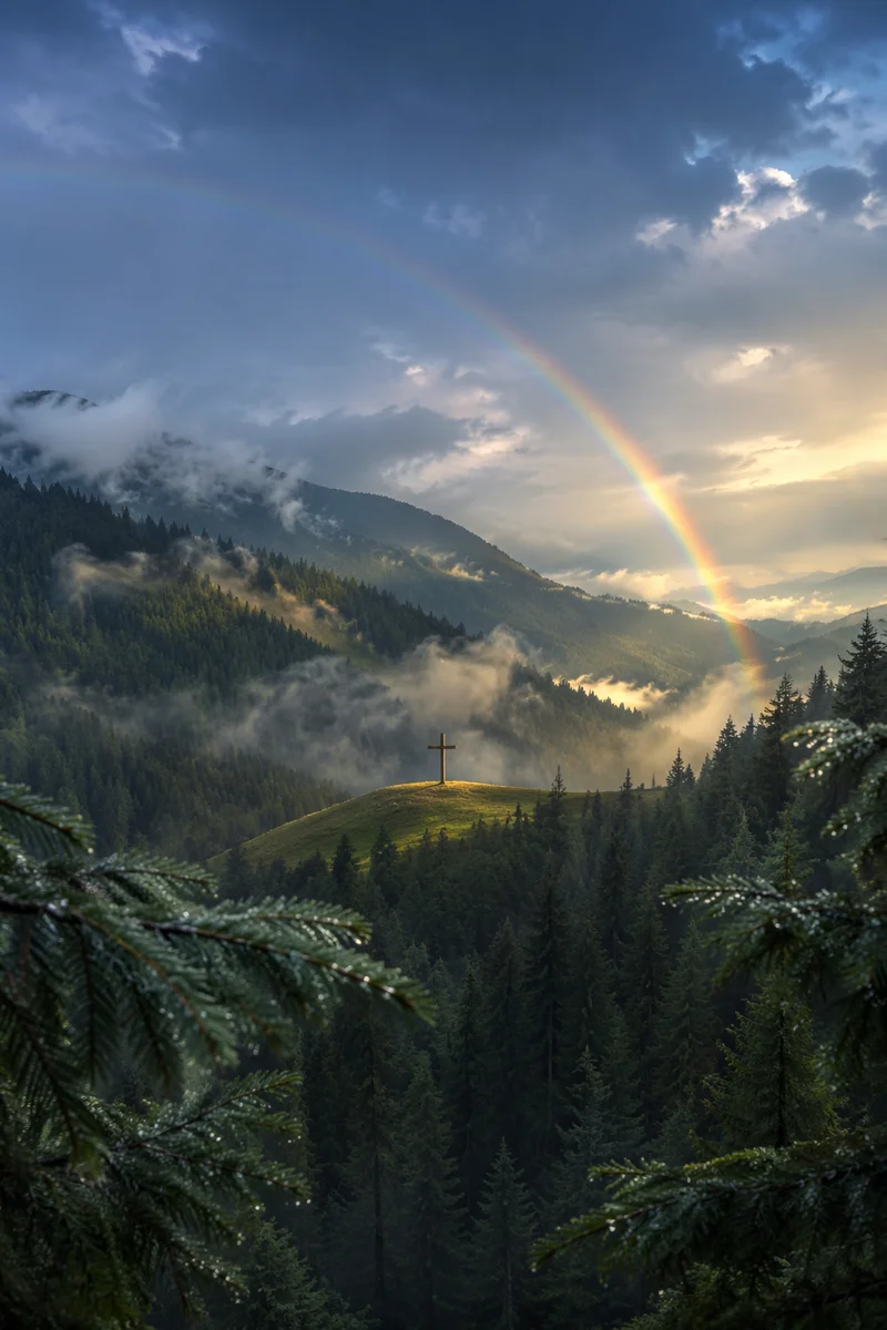Rainbow Over Evergreen Valley After Storm