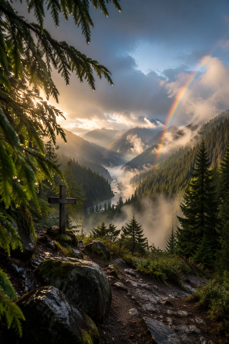 Rainbow Over Peaceful Evergreen Valley