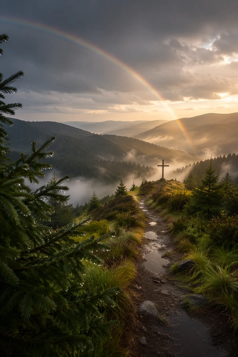 Rainbow Over Evergreen Valley After Storm