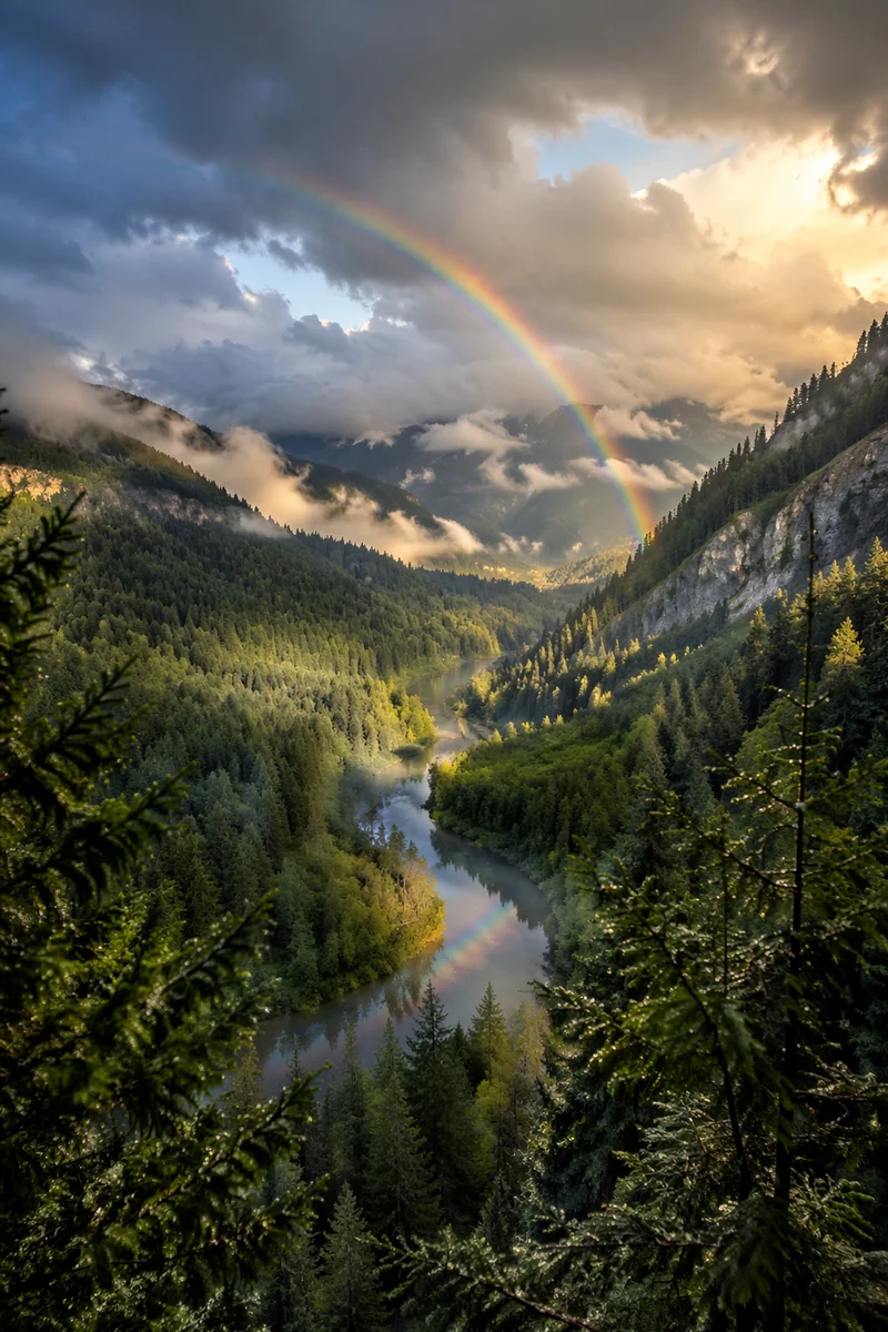 Rainbow Over Evergreen Valley After Storm