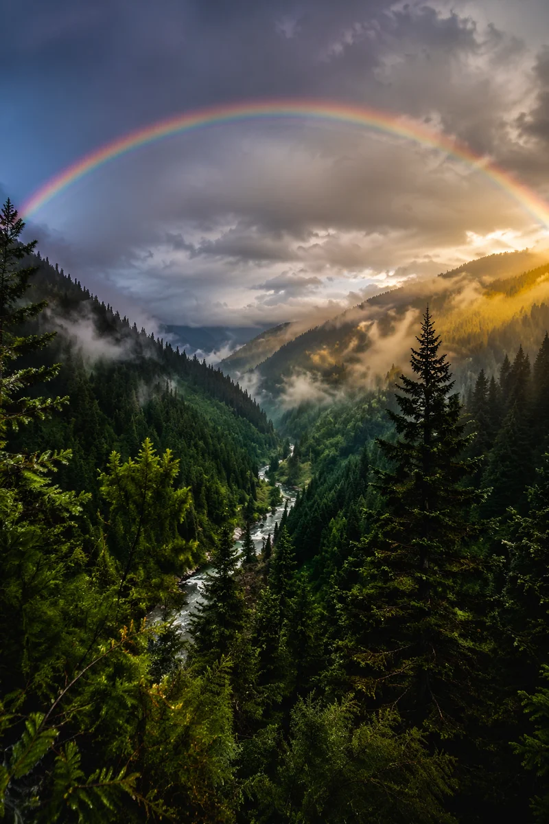 Rainbow Over Evergreen Valley After Storm