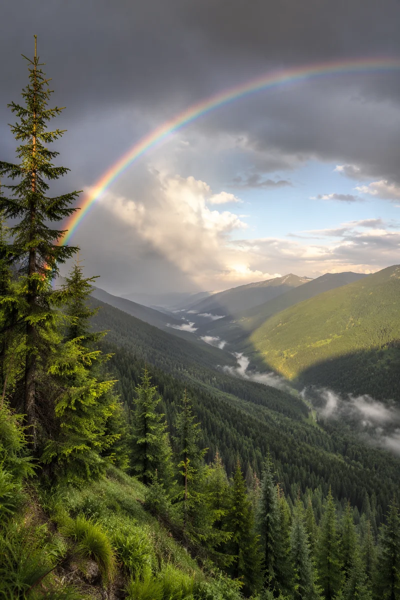 Rainbow Over Evergreen Valley After Storm