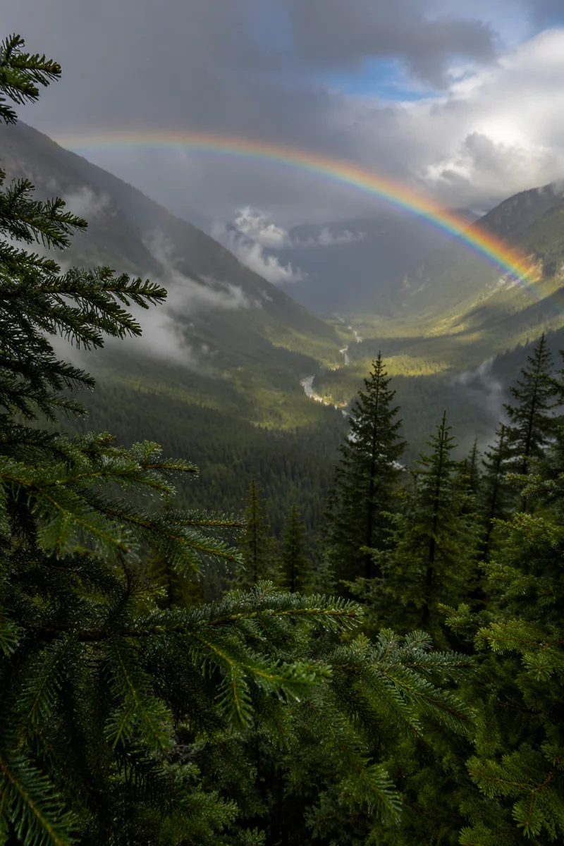 Rainbow Over Evergreen Valley After Storm