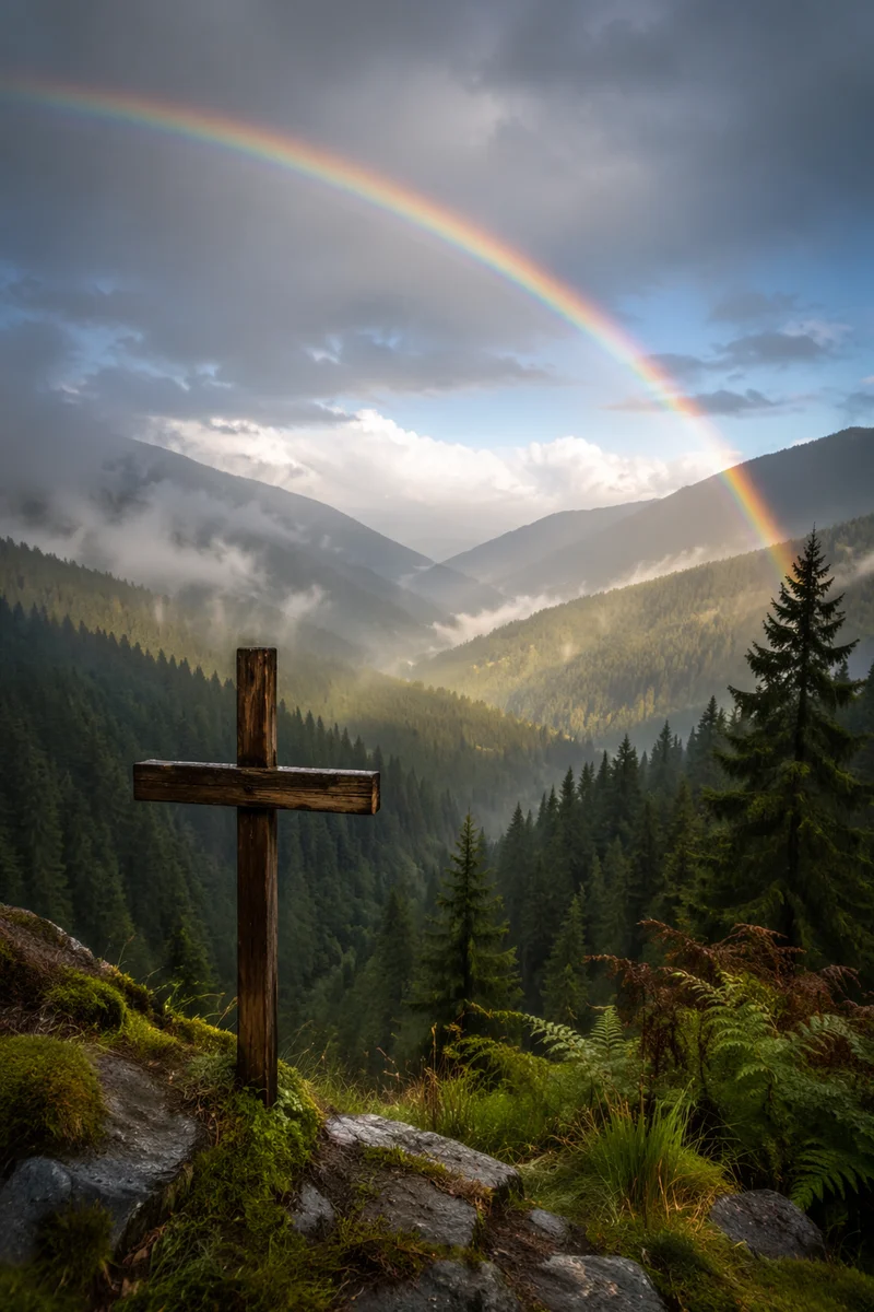 Wooden Cross Beneath Rainbow Over Evergreen Valley