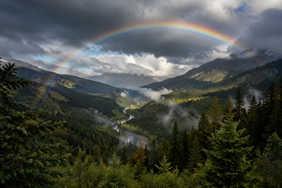 Rainbow Over Evergreen Valley After Storm