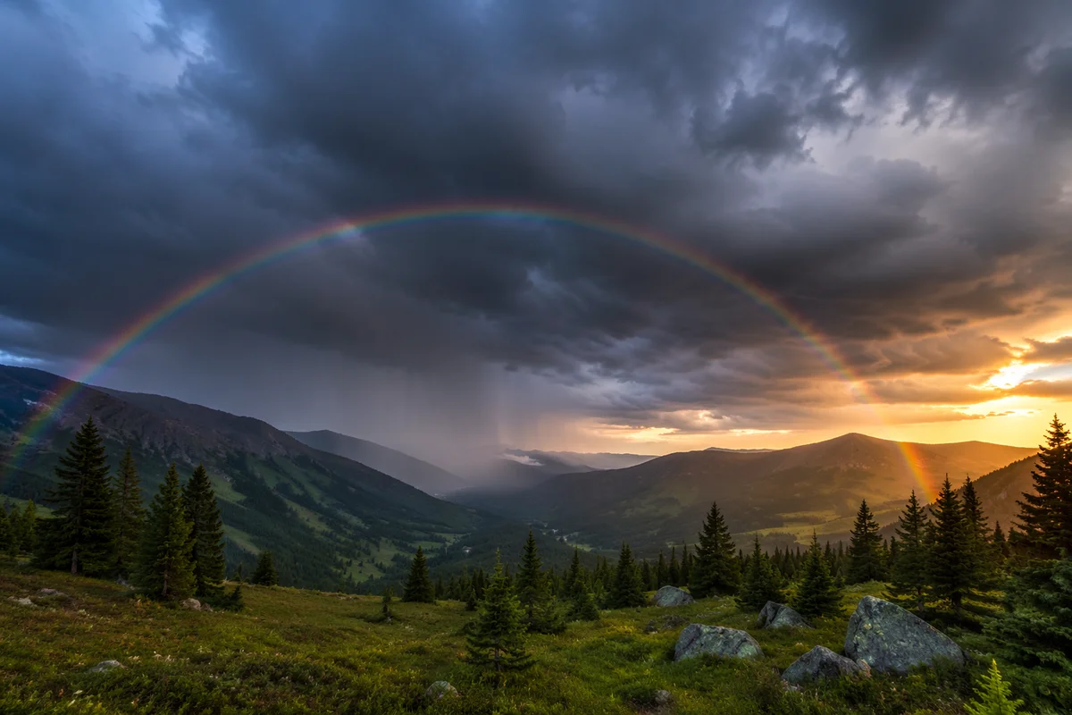 Rainbow Over Stormy Evergreen Mountain Valley