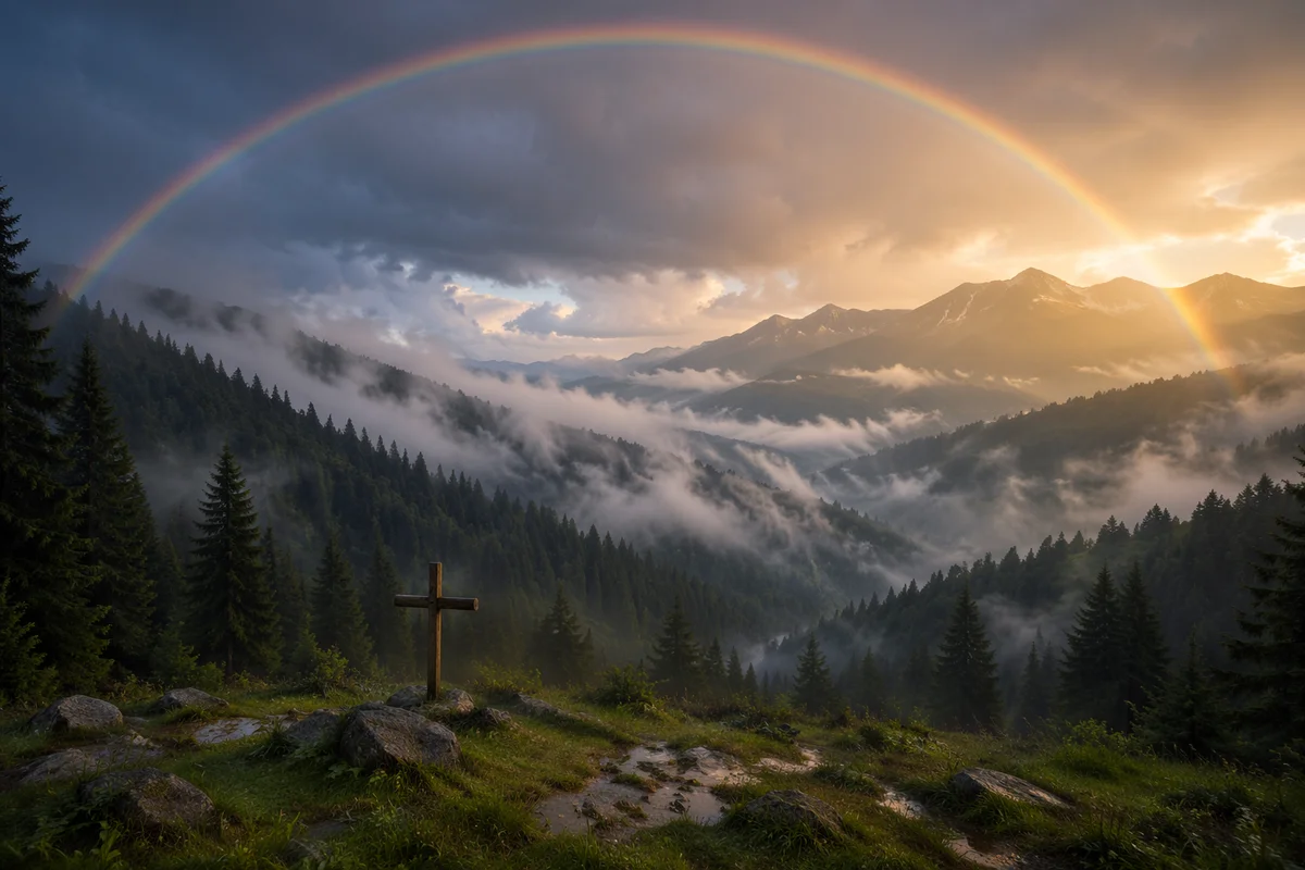 Rainbow Over Misty Evergreen Valley Cross