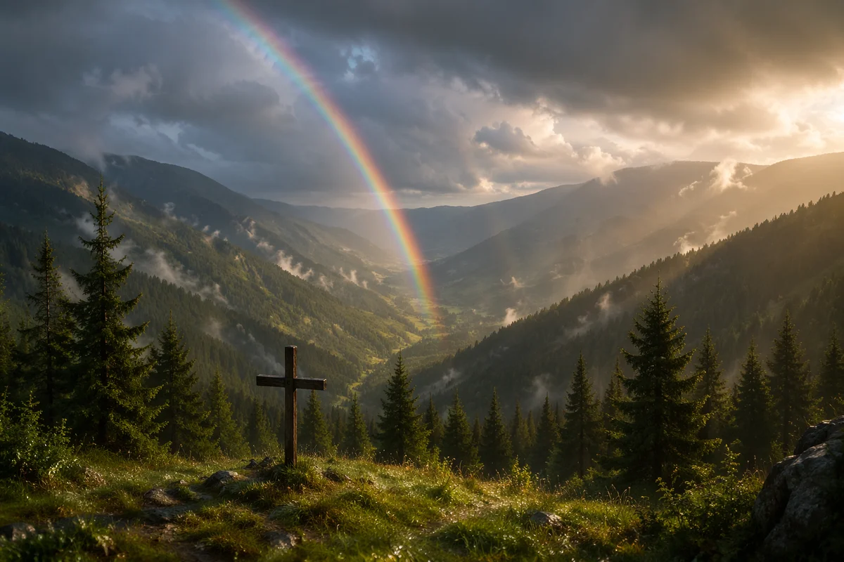 Rainbow Over Evergreen Valley After Storm