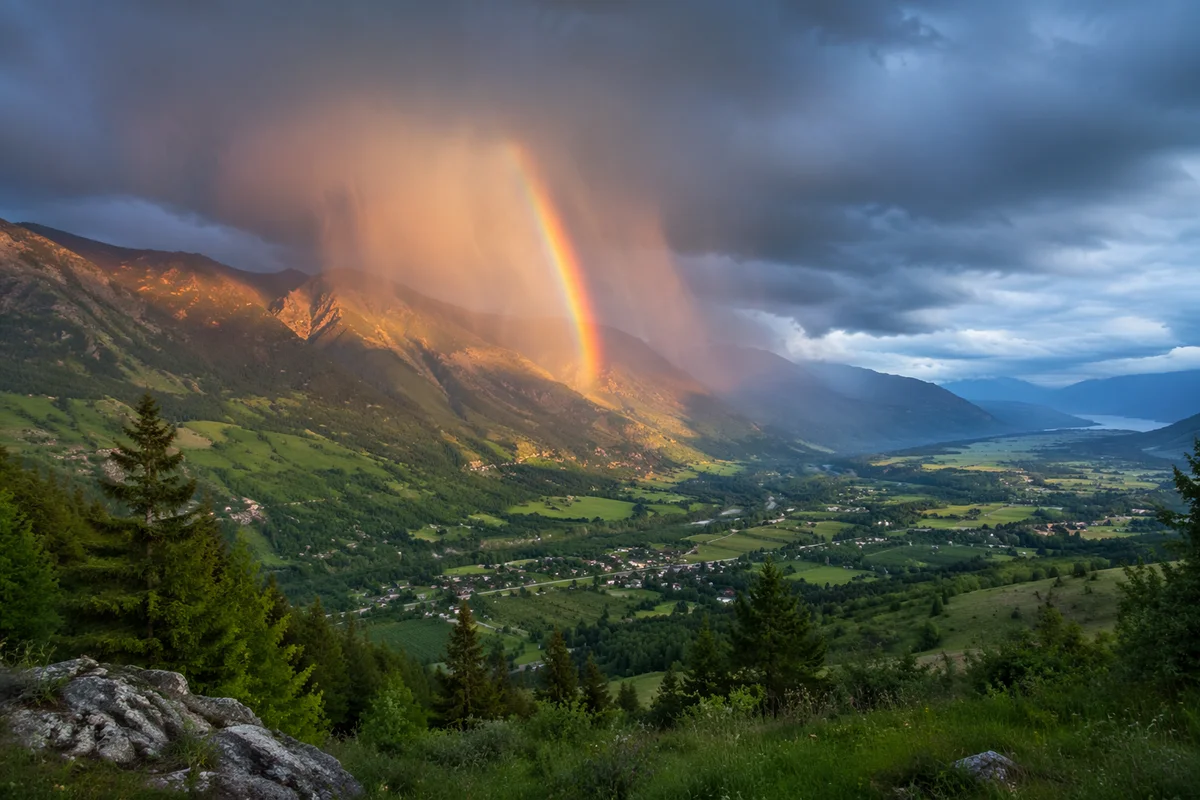 Rainbow Over Stormy Evergreen Valley