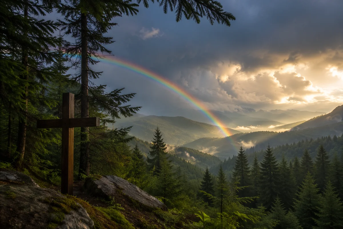 Rainbow Over Evergreen Valley After Storm