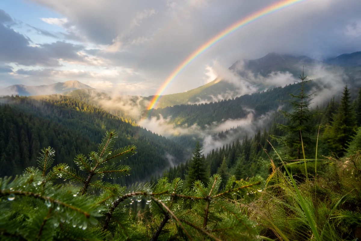 Rainbow Over Evergreen Valley After Storm