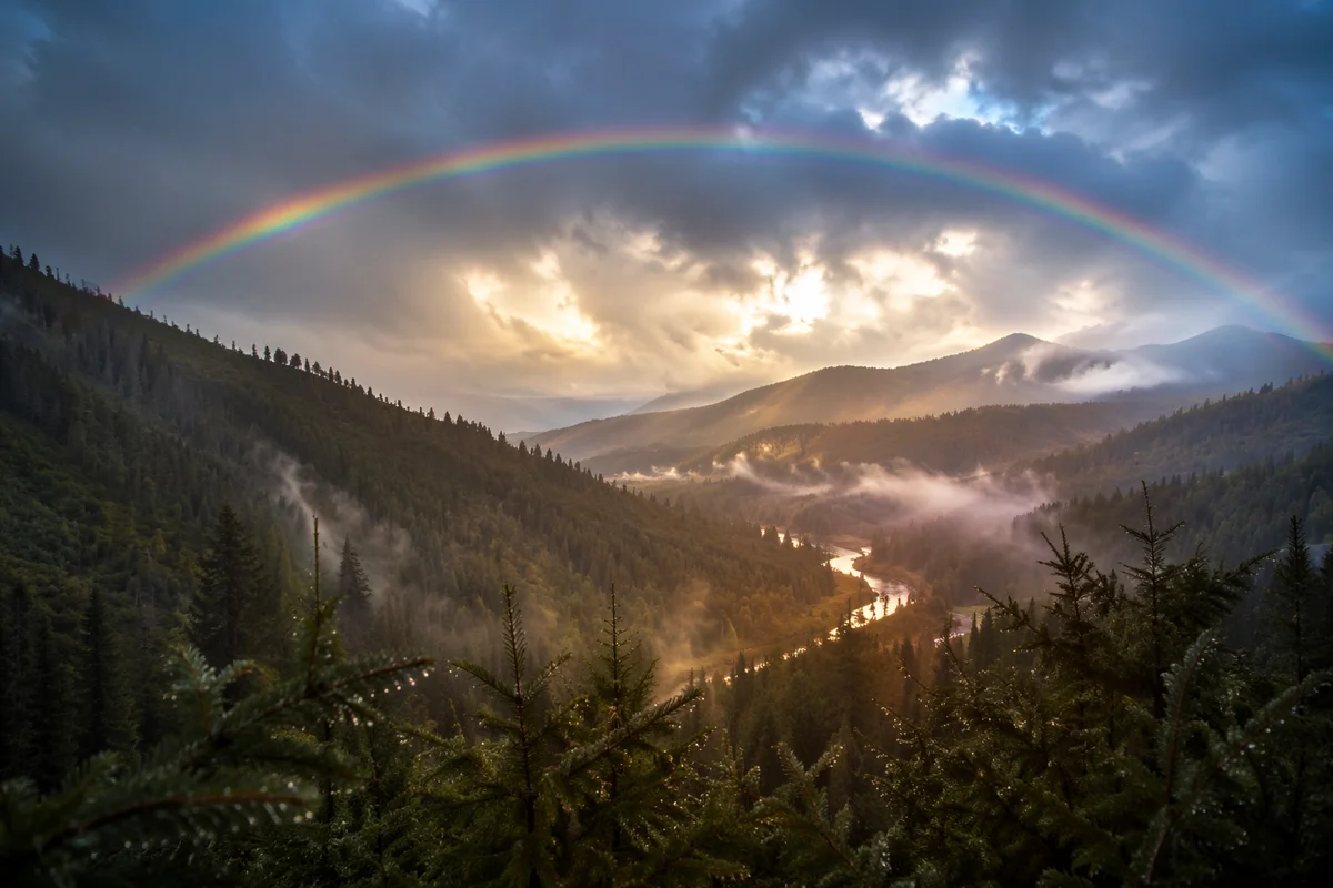 Rainbow Over Misty Evergreen Valley
