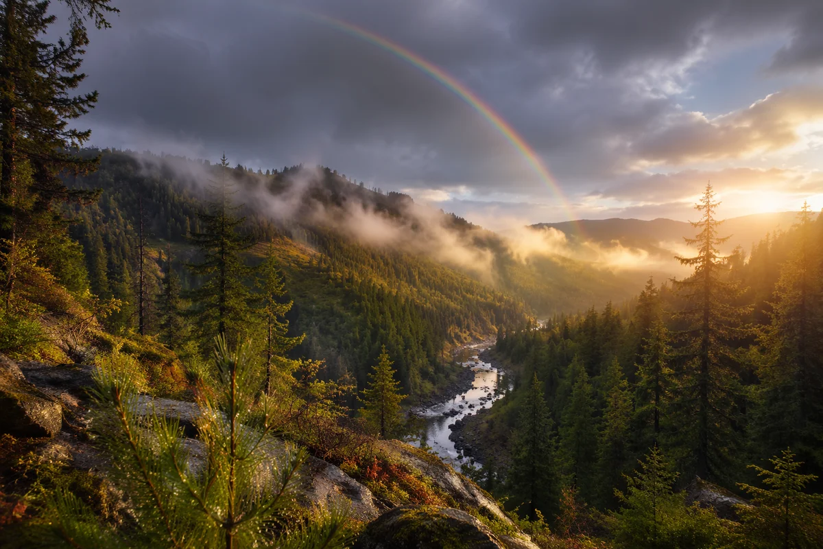 Rainbow Over Evergreen Valley After Storm