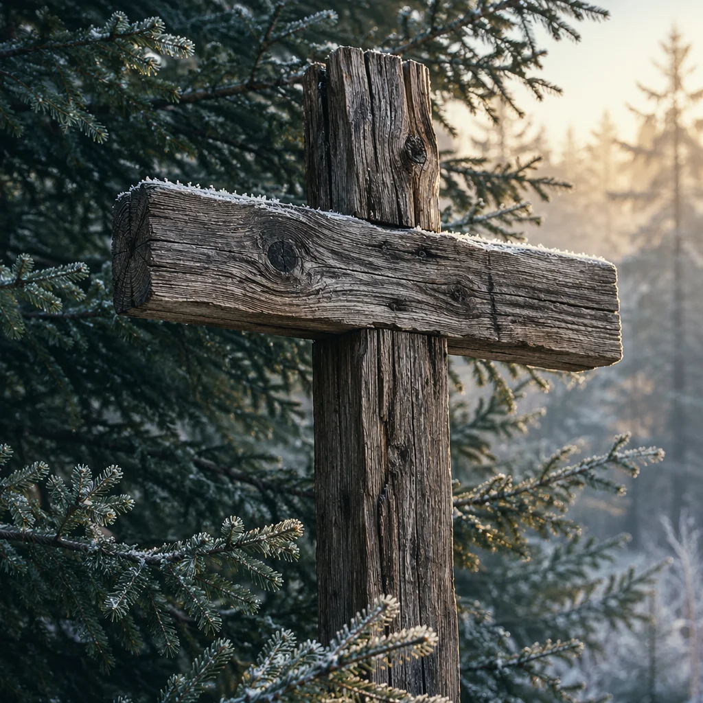 Rugged Wooden Cross Among Evergreen Frost