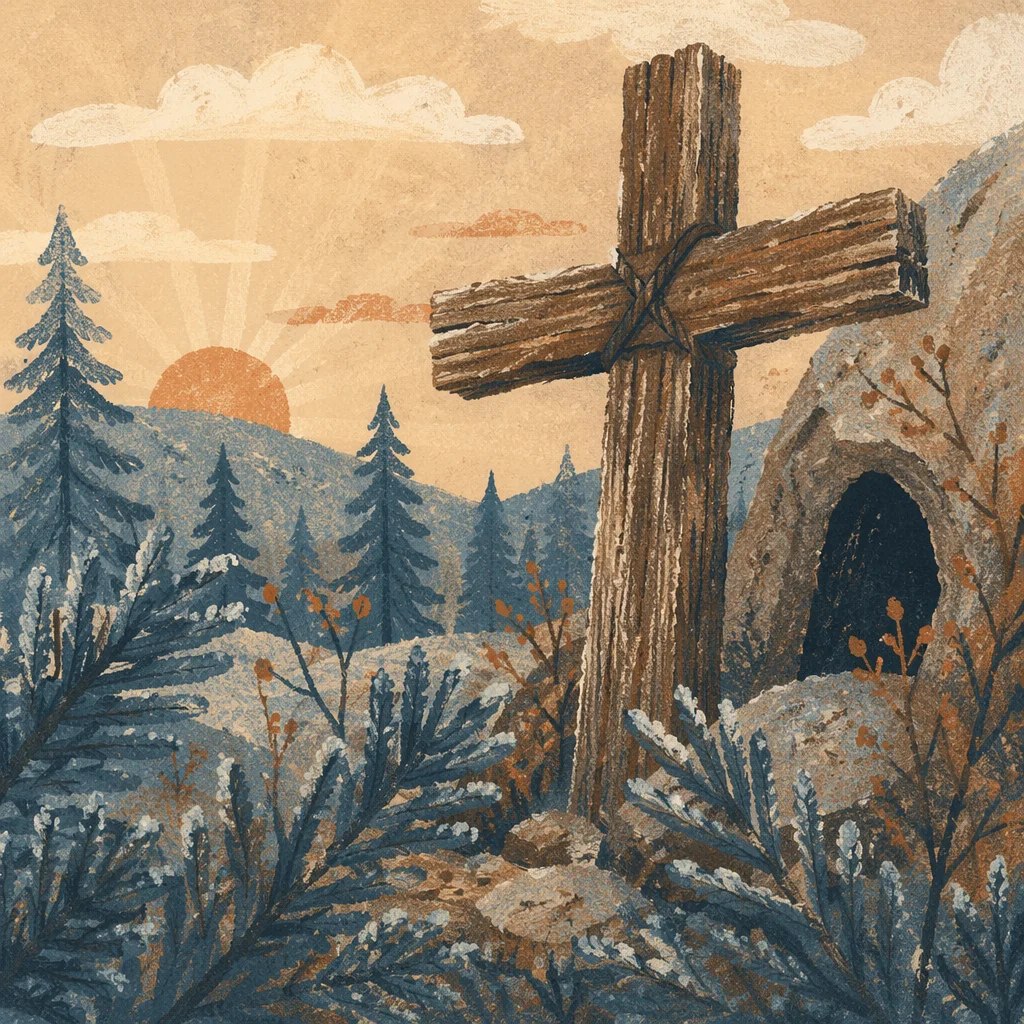 Rugged Wooden Cross Among Evergreen Branches