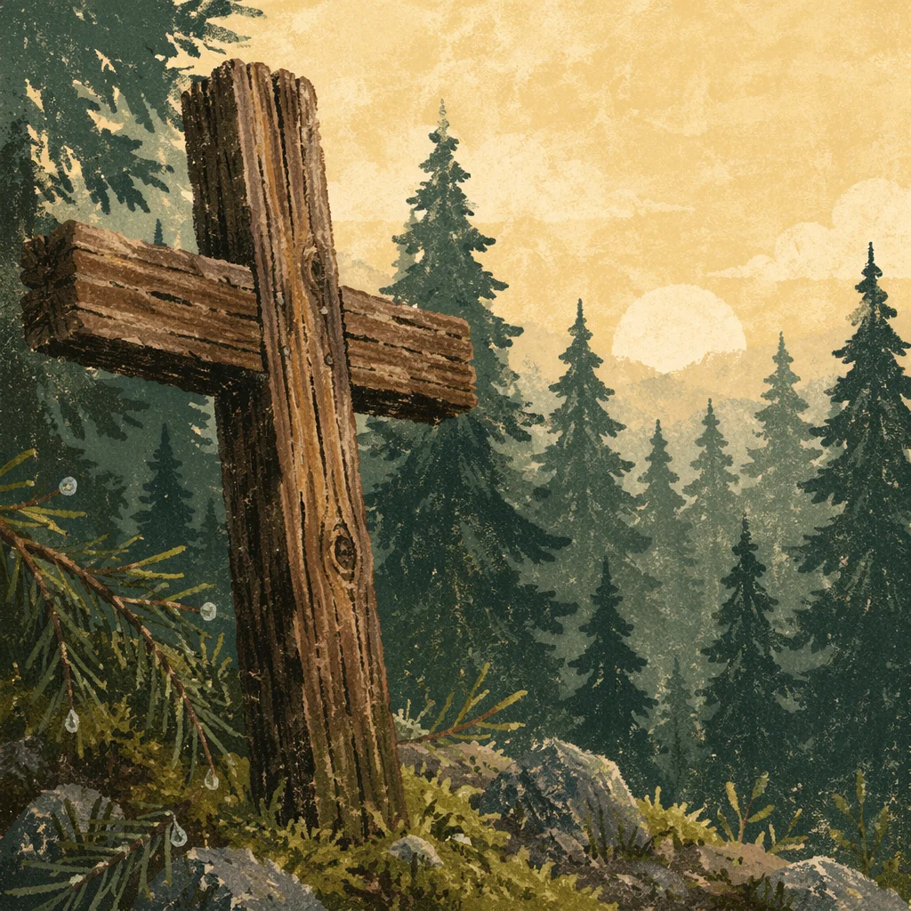 Rugged Wooden Cross in Evergreen Dawn