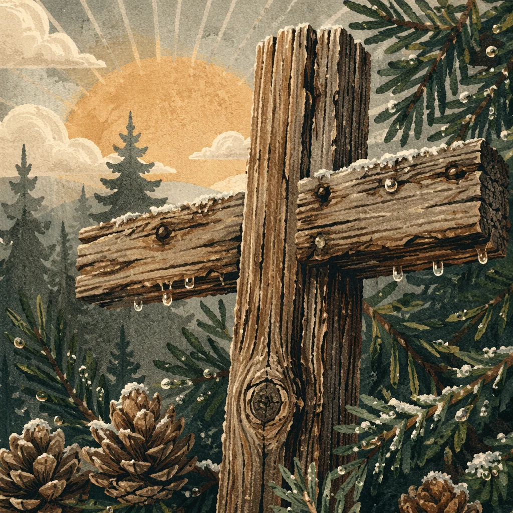 Rugged Wooden Cross in Evergreen Dawn