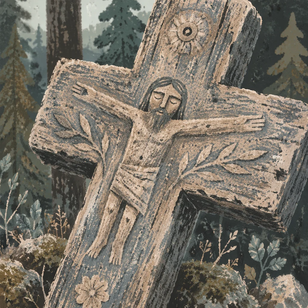 Weathered Wooden Cross in Evergreen Forest